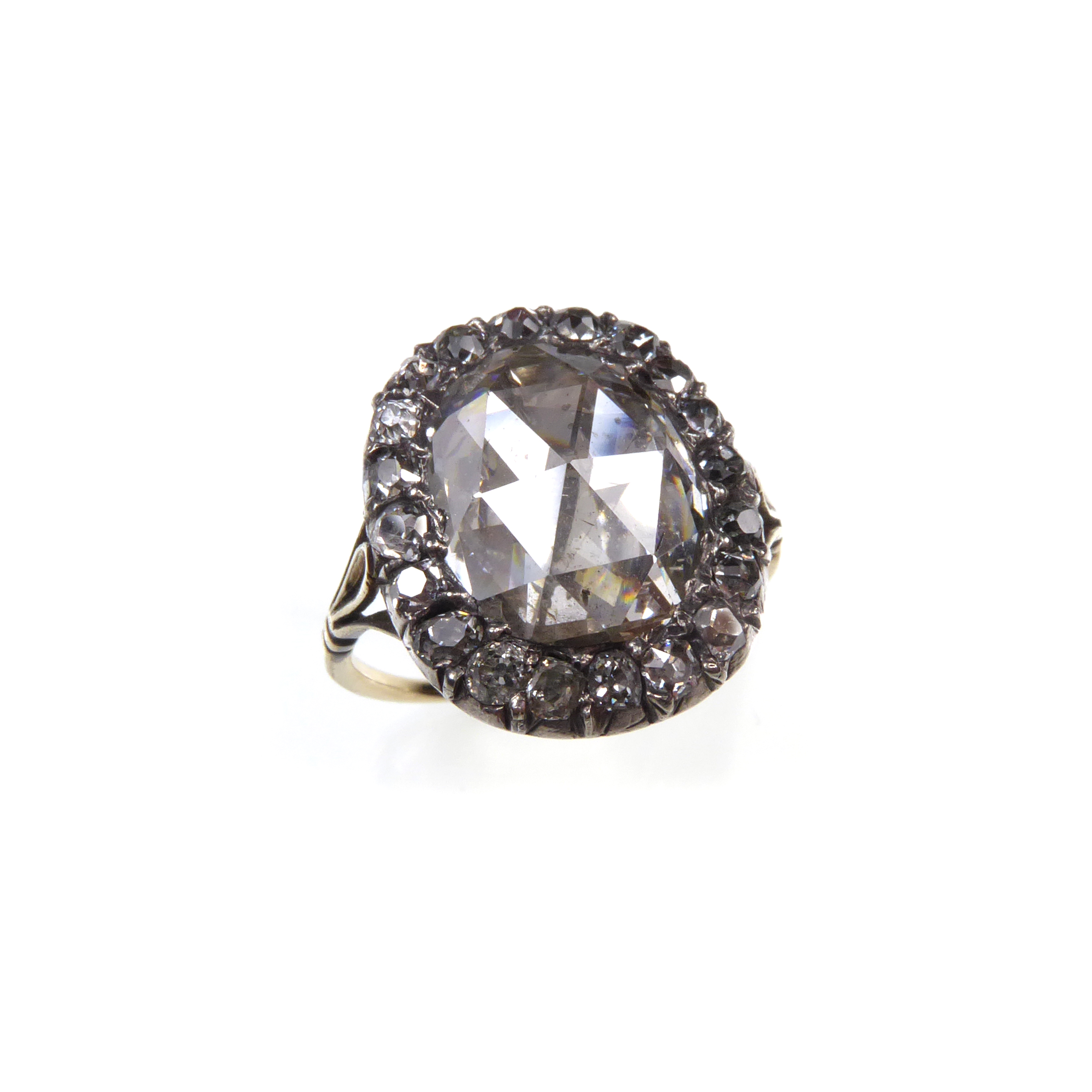 18th century rose cut diamond cluster ring, c.1770, of oblong outline,